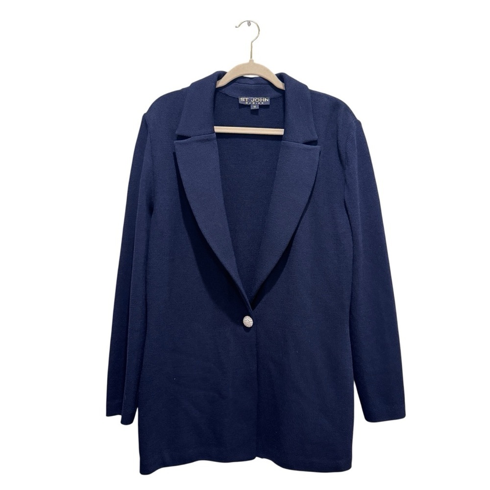 St. John Classics Knit Blazer Cardigan Preppy Academia Old Money Navy Blue Sz 14